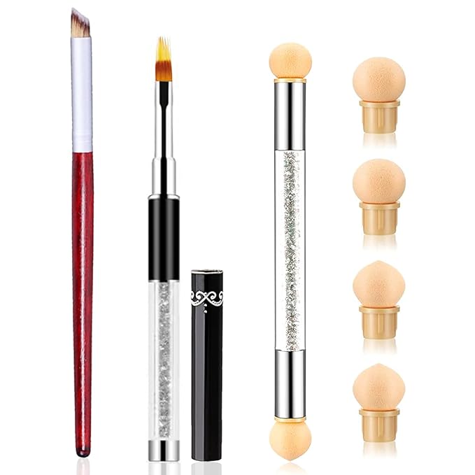 SILPECWEE 3Pcs Ombre Nail Brush Set Double-Head Sponge Pen Wooden Nail Gradient Brush with 4Pcs Replaceable Sponge Acrylic Nail Art Brushes Blending Manicure Design Tools