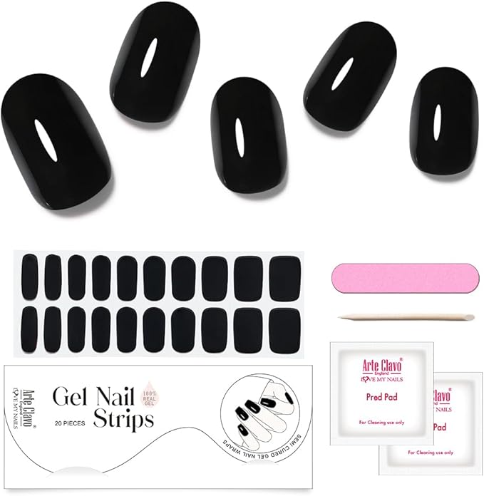 Arte Clavo Semi Cured Gel Nail Strips, 20 Pcs Gel Nail Stickers with UV Light Required, Salon Quality, Long Lasting, Easy Apply and Remove (Black)