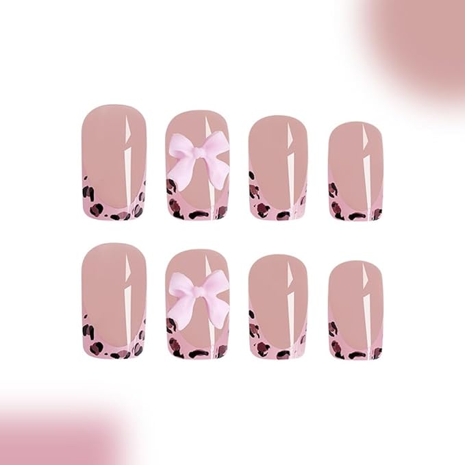 Short Press Leopard French Tip False Nails with Pink Glossy Bow Design - Glue on Nails Full Cover Stick on Nails - 24Pcs