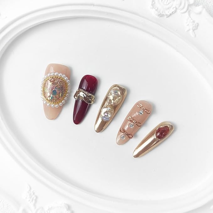 2025 Baroque Glam Chic Mixed Metal Reusable Handmade PMMA Acrylic Press on Nails w/Box Gifts for Women (Noble Whisper, M)
