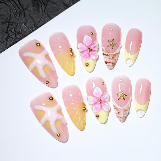 10Pcs Long Almond Handmade Press On Nails | Pink-Yellow Ombre with 3D Starfish, Flower & Seashell Decor | Easy to Apply, Remove & Reusable, Salon-Quality (A017, S)