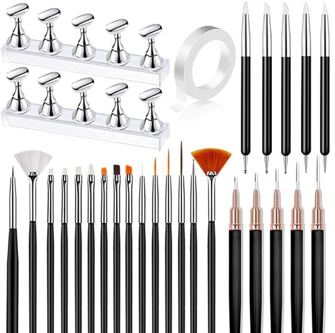 28Pcs Nail Art Brushes, Nail Brush Set With 2 Set Nail Stand, Nail Art Design Tools, 15PCS Nail Brushes,5PCS Nail Dotting Tool and Sculpture Pen, 5PCS Liner Brush M011