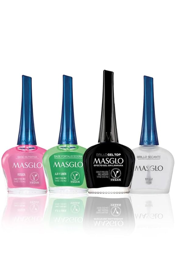 MASGLO Tradicional – Set of 4 Nail Polishes (2 Base Coat & 2 Top Coat), Up to 7 Days of Wear, Glossy Finish – (0.5 oz Each)