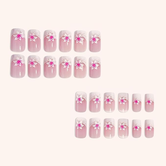 24Pcs French Tip Press on Nails Short Square Fake Nails Pink with Flower Full Cover Tip Glue on Nails Design Artificial Nude Pink False Nails Supplies Stick on Nail Acrylic for Women Nail Art