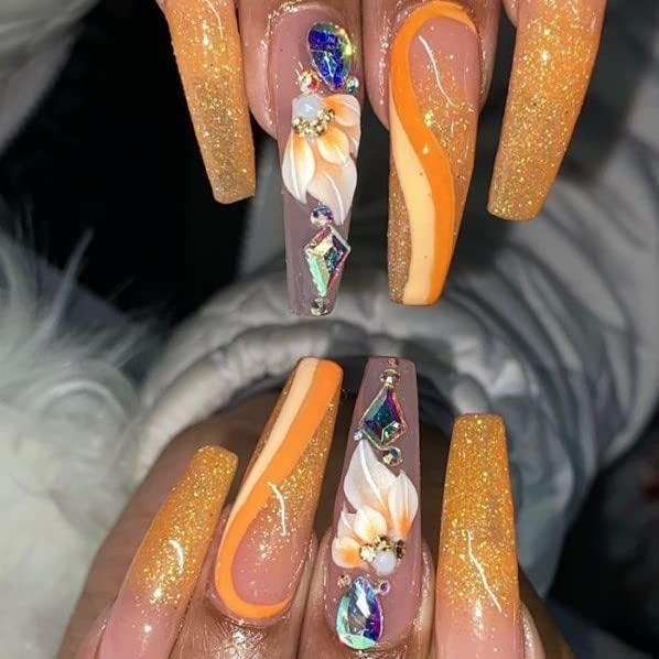 3D Acrylic Flower Nail Art Charms Handmade by Acrylic Powder - 15 colors, 24pcs Flowers Nail Rhinestones Kit 3D Crystal Nail Pearls Flat Design Acrylic Nail Art for Women Girls (Orange)