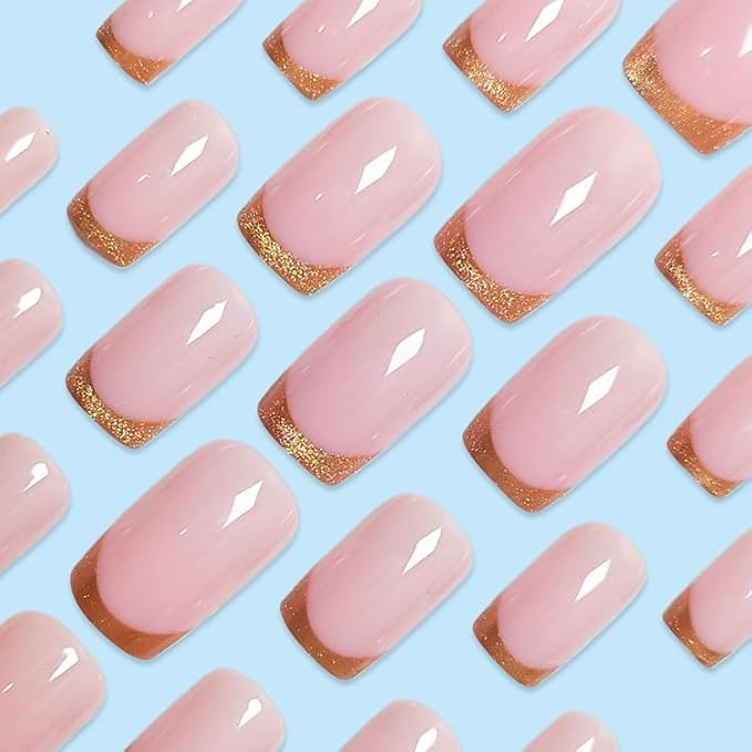 French Tip Press on Nails Medium Square Fake Nails Gold Glitter Nail Tip False Nails Glossy Chrome Acrylic Nail Nude Full Cover Glue Stick on Nail for Women Manicure 24Pcs