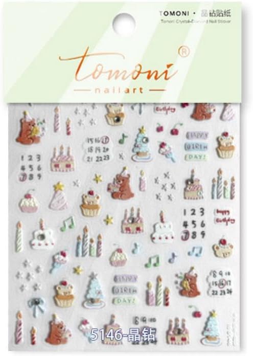 Cartoon Nail Stickers 3D Self-Adhesive Kawaii Animal Nail Supplies Yellow Bear Nail Decals 5D Embossed Cute Birthday Candle Cake Nails Designs for Women DIY Manicure 1 Sheet