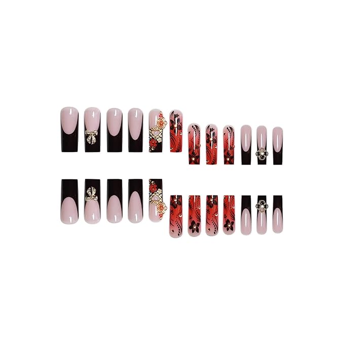 Press on Nails Coffin Long Length Acrylic Glossy Full Cover Square Shaped French False Nails with Designs Artificial Extra Long Fake Nails with Charms Glue ons Fingernails for Women(C130)