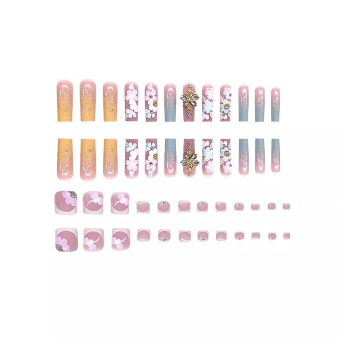 48Pcs Ombre Blue Press on Nails White French Tips Press on Toenails Long Square Fake Nails with Flower Charm Design Butterfly False Toenails Kit Glossy Summer False Nails for Women Girls DIY Manicure