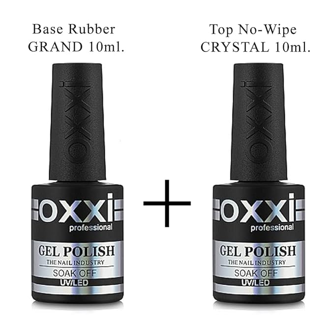 OXXI Professional SET 2in1 Rubber Base 10ml. + Top No-Wipe 10ml. (no sticky layer) / 0.34 Fl Oz Gel LED/UV Nail Polish Coat Soak Off Original NEW SIZE
