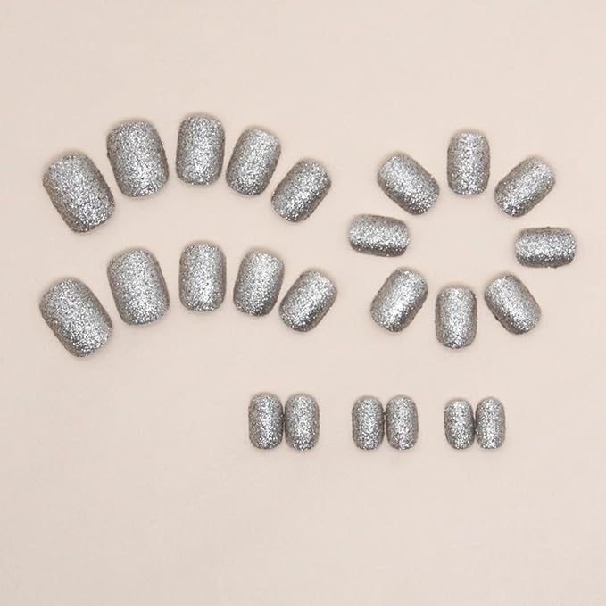 Silver Shiny Glitter Press on Nails Short Square Fake Nails Blasting Designs False Nails Shiny Full Cover Glossy Reusable acrylic Stick on Nails for Women Girls Light Luxury Manicure Decoration 24Pcs