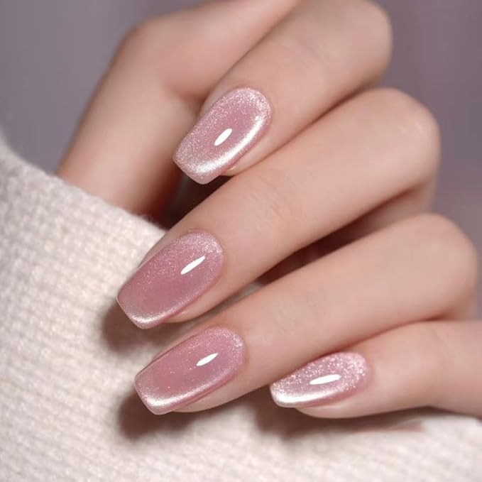 Curvlife Press on Nails Square Acrylic Cat Eyes Pink Fake Nails with Design Full Cover False Reusable Nail Kit with Nail Glue Adhesive Tabs, Women Girl Gift