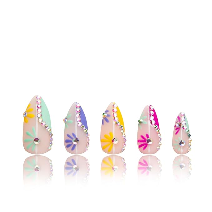LOVFUL Press on Nails Wild Blooming French Tip | Handmade with Full Covered Crystals | Reusable Fake Nails | Almond Regular 1.0 in | H156-L