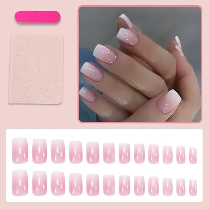 Press on Nails Short Square Fake Nails Ombre False Nails Press ons Glossy Nude Pink Glue on Nails Full Cover Stick on Nail for Women Nail Decoration 24Pcs