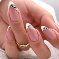 French Tip Press on Nails Medium Almond Fake Nails with Leopard Stripes Line Designs False Nails Nude Reusable Artificial Acrylic Nail Glossy Full Stick on Nails for Women Girls Manicure Deco