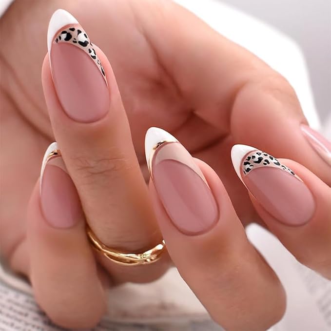 French Tip Press on Nails Medium Almond Fake Nails with Leopard Stripes Line Designs False Nails Nude Reusable Artificial Acrylic Nail Glossy Full Stick on Nails for Women Girls Manicure Deco