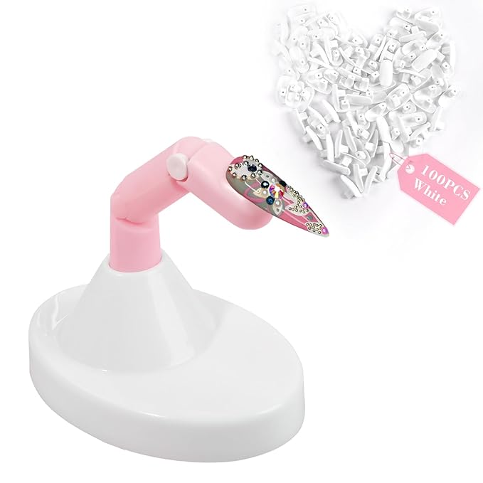 Practice Fingers for Acrylic Nails, Flexible Movable Fake Finger to Practice Fake Nails, 1PC Adjustable Pink Nail Finger Practice, 1PC White Acrylic Finger Base and 100PCS White Nail Tips