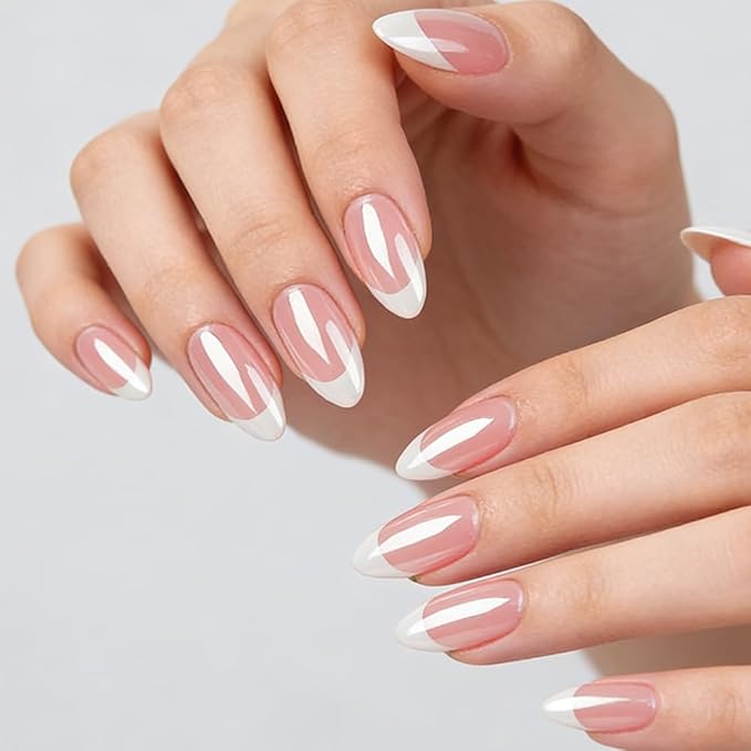 French Tip Press on Nails - Almond Fake Nails - with Designs Chrome False Nails Press ons - Medium Acrylic Glue on Nails Cute Artificial Stick on Nail for Women Manicure 24pcs