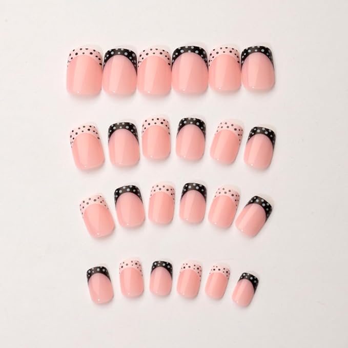 Polka Dot Press on Nails Short Square Fake Nails French Nails Press ons with Black White Dots Design,Reusable Artificial Nail Full Cover Glossy Glue on Nail Stick on Nails for Women Manicure 24 Pcs