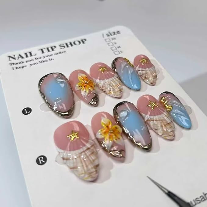 Press On Nails - Handmade Medium Length Almond French Tip Fake Nails, Shell Painting Design, Reusable Artificial Almond False Nails for Women 10 Pcs Acrylic Nails Kit (Size S)