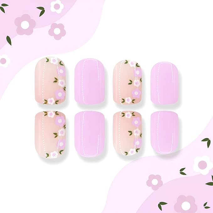 Flower Press on Nails Short Square Fake Nails Nude Purple Nails Press Ons Glossy Full Cover False Nails Summer Spring Stick on Nail DIY Acrylic Glue on Nail for Women Decorations Set 24Pcs