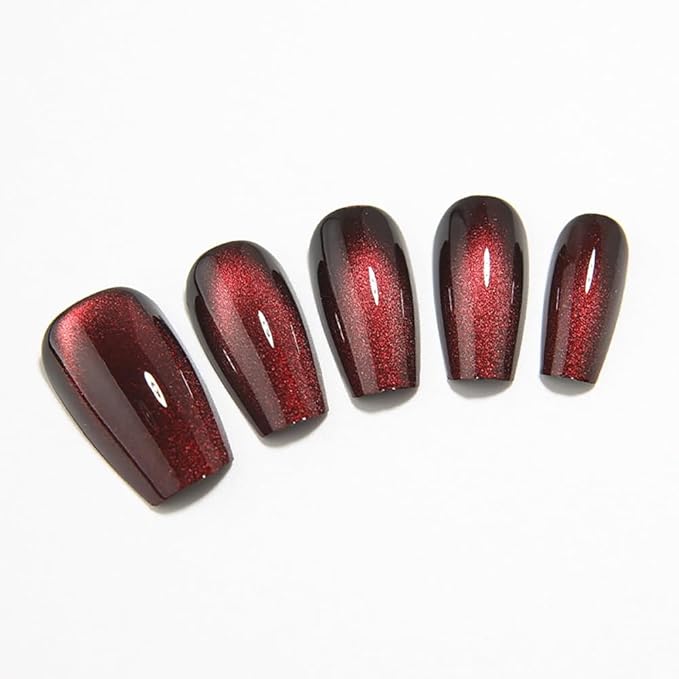 Medium Coffin Press on Nails, Wine Red Cat Eye Press on Nails, Fashion Gel Fake Nails, Reusable Acrylic Fake Nails, Glossy Stick on Nails for Women Gift, Glue on Nails Kit 24 Pcs, Midnight Blaze