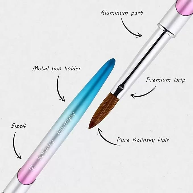100% Pure Kolinsky Acrylic Nail Brush Size 8, Hair Acrylic Crystal Ombre Pink Silver Blue Handle with Silver Ferrule Round Shaped for Women Girls Manicure Nail Tools Accessories