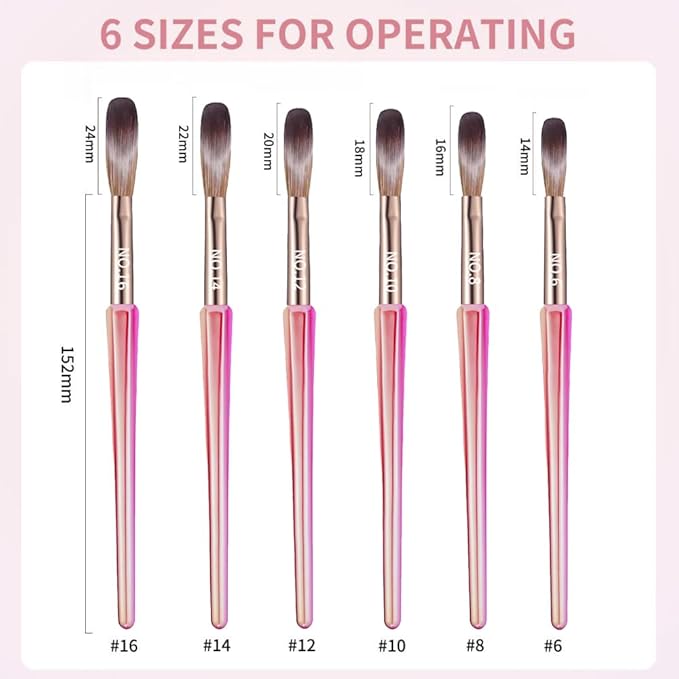 6Pcs Acrylic Nail Brush Set, Size 6/8/10/12/14/18 - Professional Nail Brushes for Acrylic Application Powder & Nail Extension, 3D Nail Carving Tools for DIY Home Salon Manicure-Pink