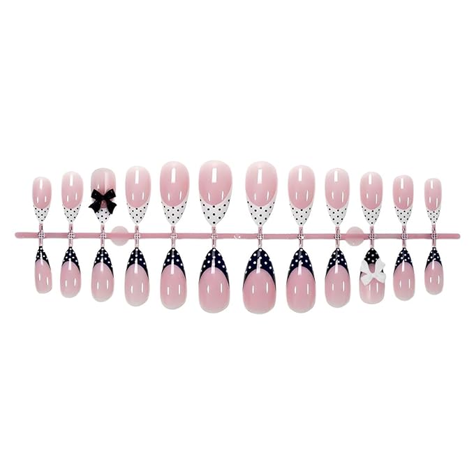 24Pcs French Tip Press on Nails Medium Almond Fake Nails with 3D Black White Bow Design Cute False Nails Polka Dot Nails Tip Glossy Glue on Nails Reusable Stick on Acrylic Nails for French Manicure