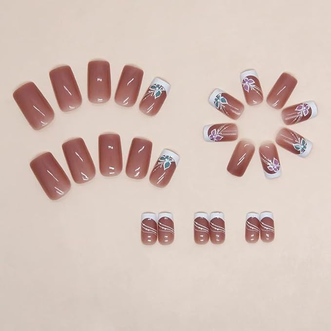 Curvlife Short Press on Nails, 30pcs Acrylic Fake Nails with Design Butterfly Style Full Cover False Nails for Women Reusable Kit with Nail Glue Adhesive Tabs Nail File