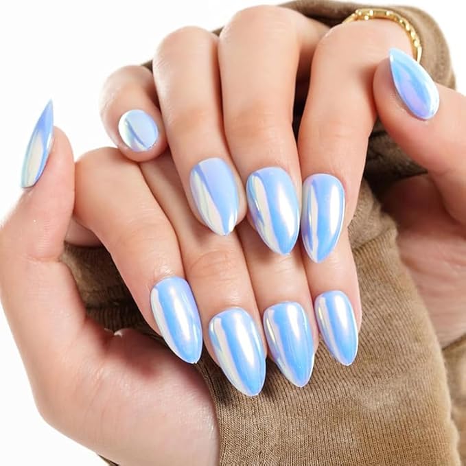 GLAMERMAID Light Blue Mirror Chrome Press On Nails Short Almond, Golden Donut Glazed Handmade Soft Jelly Gel Fake Nails, Round Oval Stick Glue on Nails Kit for Women, Reusable Acrylic False Nail Set
