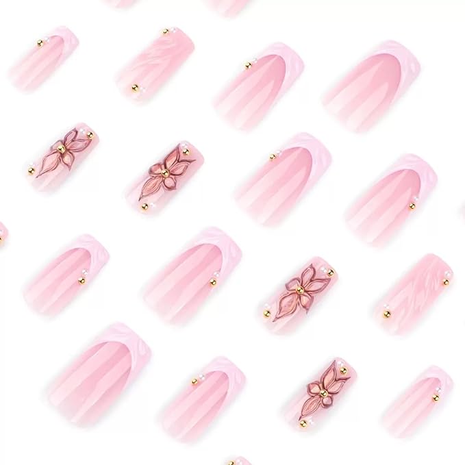 Medium Press on Nails Square - Pink French Tip Fake Nails with Flower Design - Summer Full Cover Stick on Nails for Women - 24 Pcs