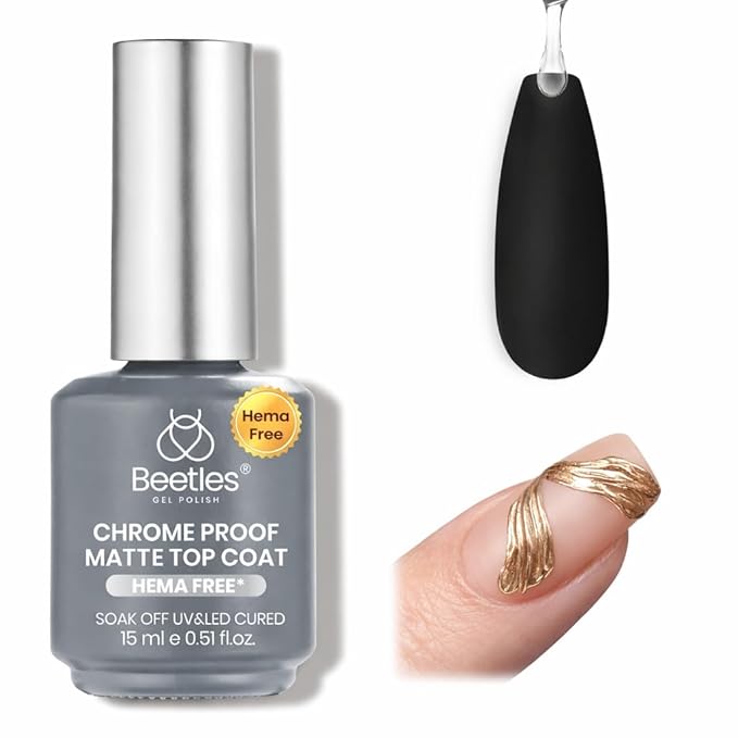 Beetles Hema Free Chrome Proof Matte Top Coat - Powder-Resist Matte Finish, Long-Lasting UV Gel Top Coat for Chrome Nail Powder Detail Nail Art DIY