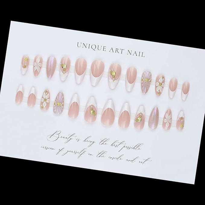 Summer Press on Nails Medium Almond Fake Nails Beach Nails Press ons with Gold Seashell Starfish Charms Design,Reusable & Easy Apply Full Cover Stick on Nails for Women Vacation Manicure 24Pcs
