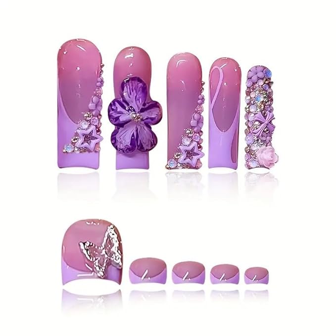 48Pcs Square Press on Nails Long & Press on Toenails Set, Purple Flowers Fake Nails Short Press on Toe Nails with 3D Flower Star Charms French Acrylic Toenails Kit for Women Manicure