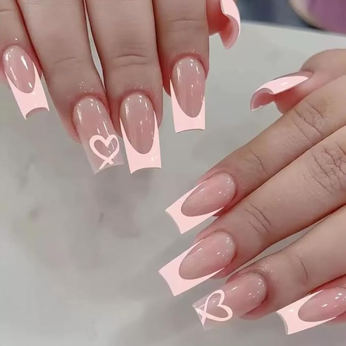 Pink French Tip Press on Nails Coffin - Medium Fake Nails with Heart Design - Glossy Full Cover Stick on Press ons for Women Manicure Kit 24 Pcs