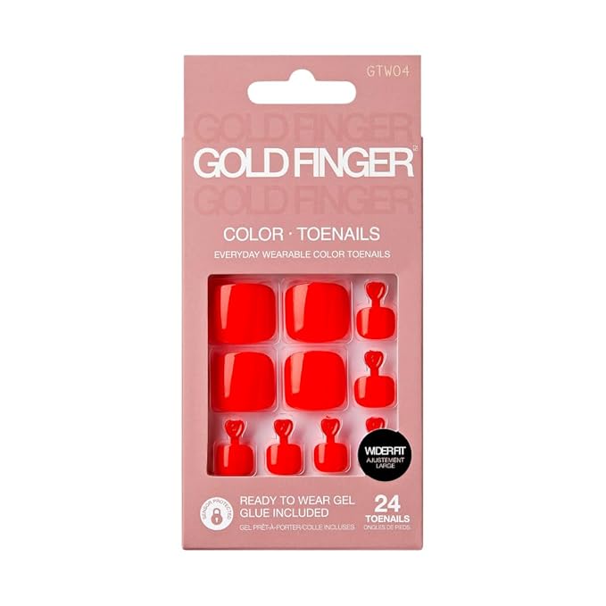 GoldFinger Press On Toenails Kit Wider Fit, Bold Glossy Red Color Toenail, Ready to Wear Gel & Manicure Stick, 2g Glue included, Long-Lasting Convenient & Easy to Apply