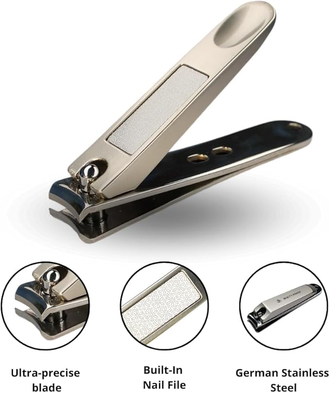 Nail Clippers Set 3 in 1 - Stainless Steel Toe Nail Clippers, Fingernail Clipper, Glass Nail File, Anti Splash, Ergonomic Grip in PU Leather Travel Case for Men & Women - Valentine's Gift