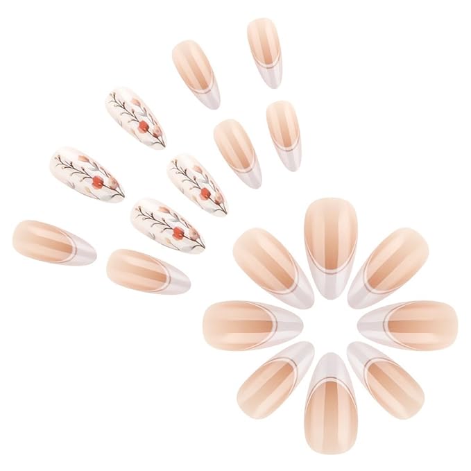 Medium Press on Nails Almond Fake Nails French False Nails White Artificial Nails with Floral Designs Acrylic Nail Press ons Cute Stick on Nails for Women 24pcs
