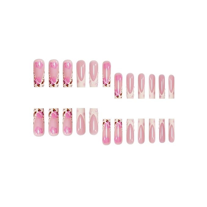 Press on Nails Coffin Long Length Acrylic Glossy Full Cover Square Shaped French False Nails with Designs Artificial Extra Long Fake Nails with Charms Glue ons Fingernails for Women(C140)
