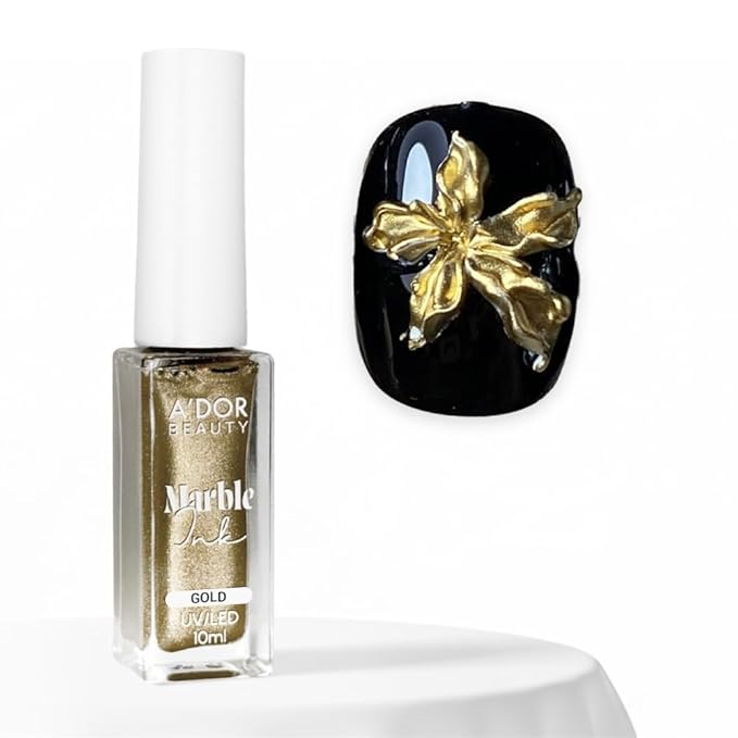 A'DOR BEAUTY Marble Ink for Nails Set - 12 Watercolors & 5 Metallic Shades, Blooming Gel Magic Nail Polish, Nail Art Supplies for Marbling, Veining & Abstract Nail Design - Metallic Marble Gold