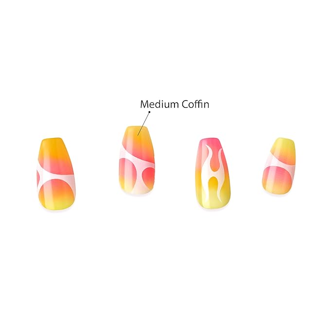 Goldfinger Trendy False Nails Kit, Long Coffin Design Nail, Playful Yellow Pink Abstract Print, Ready to Wear Gel & Manicure Stick Included, Long-Lasting Convenient & Easy to Apply