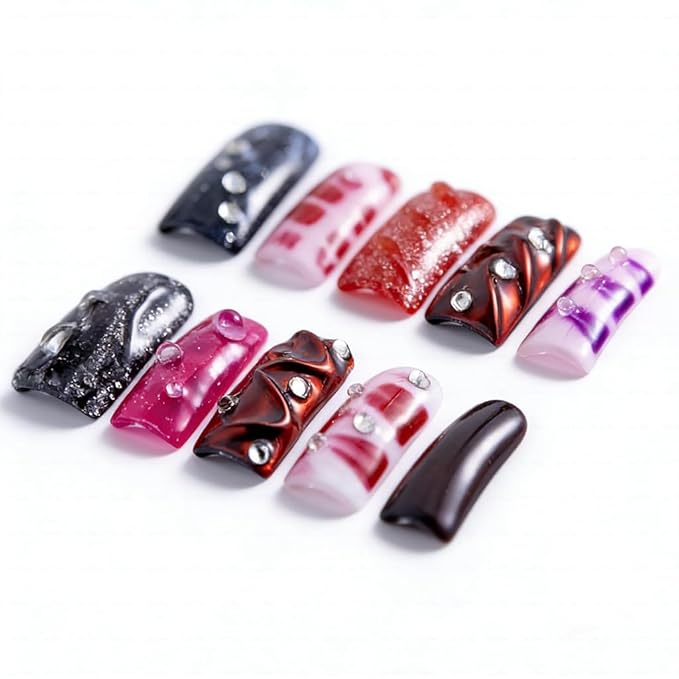 10 Pieces Candy Pop Mix Long Duck Press On Nails, Multi-Color Y2K Design, Reusable Fake Nails with Mixed Patterns, Reusable Fake Nails, Acrylic Nails (L)