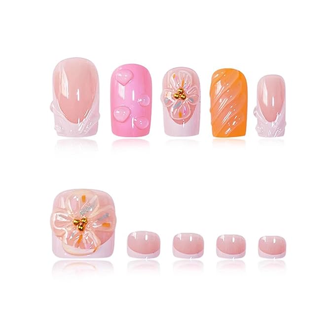 48Pcs Press on Nails Square & Press on Toenails Set, Flowers Fake Nails French Press on Toe Nails Full Cover Stick on Toe Nails Short Acrylic Nails Kit for Women Manicure