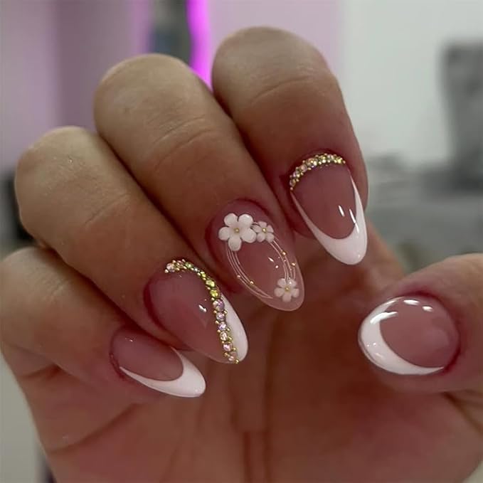 Press on Nails Almond Painted Flowers French Fake Nails French Fake Reusable Nail Kit with Nail Glue Adhesive Tabs Mini Nail File for Women Manicure Art Decoration 24PCS