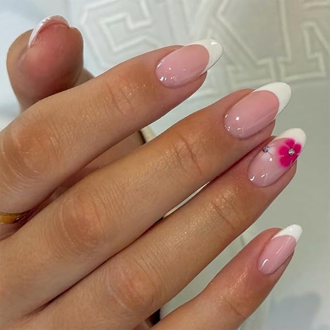 Press on Nails Almond Painted Flowers French Fake Nails French Fake Nails Reusable Nail Kit with Nail Glue Adhesive Tabs Mini File for Women Manicure Art Decoration 24PCS