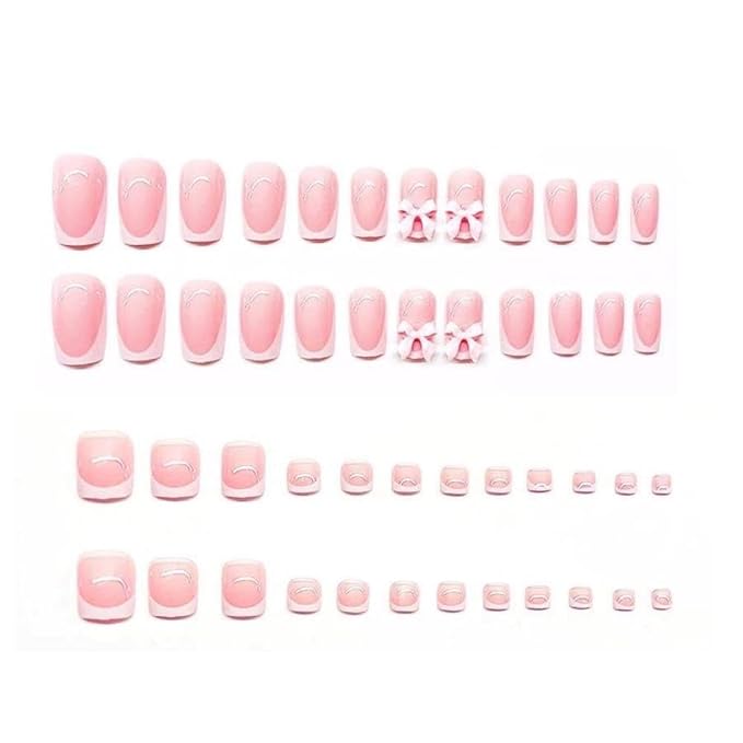 48Pcs White French Tips Press on Toenails Medium Square Press on Nails with 3D Pink Bow Design Short Square Fake Toenails Glossy Skintones Fake Nails Summer False Toenails Kit for Women Girls Manicure