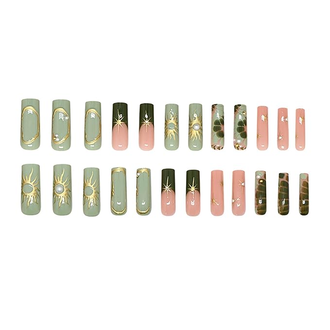24pcs Green Press on Nails Medium Square French Tip Fake with 3d Gold Star Rhinestones Designs French Tip Artificial Glue on Nails Green Full Cover False Nails Nude Glossy Acrylic Nail decor for Women
