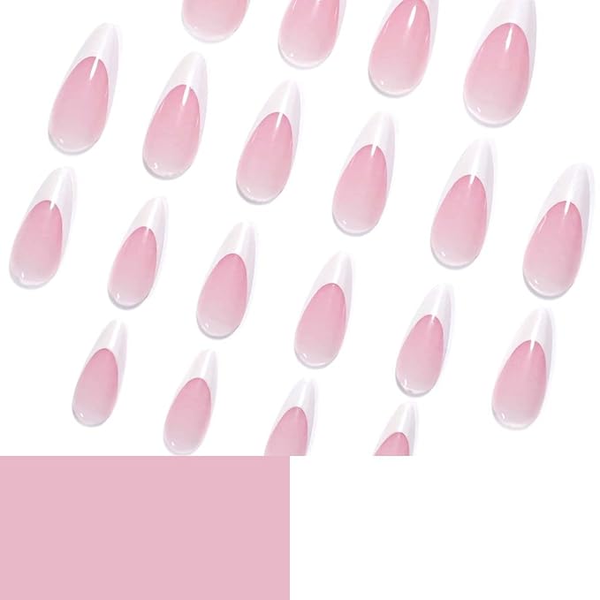French Tip Press on Nails Medium Almond Fake Nails Press ons with Subtle Aurora Designs White Deep French Tip Reusable Acrylic Nails Full Cover Artificial Stick on Nails for Women Manicure 24Pcs
