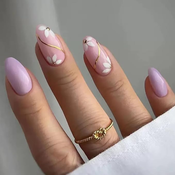 6 Packs (144 Pcs) Flower Press on Nails Medium Almond Fake Nails French Tip False Nails with Designs Spring Summer Floral Glue on Nail Full Cover Glossy Acrylic Stick on Nail for Women Manicure